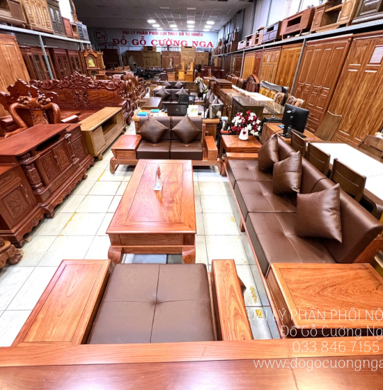 Sofa Gỗ Hương Đá Cao Cấp 2 Văng Choãi Kiểu Chữ U Sang Trọng 