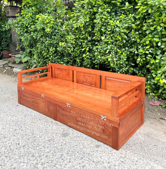 Giường Gấp Gọn Gỗ Xoan Đào Kèm Bàn Trà Sofa Và Đôn Ngồi 
