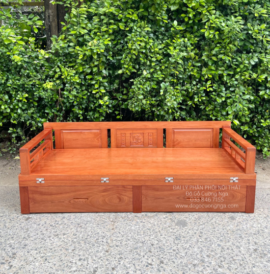 Giường Gấp Gọn Gỗ Xoan Đào Kèm Bàn Trà Sofa Và Đôn Ngồi 
