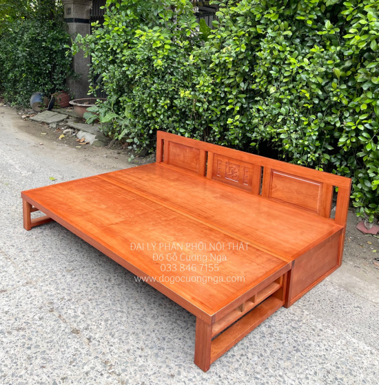 Giường Gấp Gọn Gỗ Xoan Đào Kèm Bàn Trà Sofa Và Đôn Ngồi 