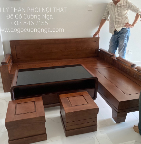 Bộ Ghế Sofa Gỗ Sồi Nga Góc L 2mx1m8 - Màu Óc Chó Tựa Liền 