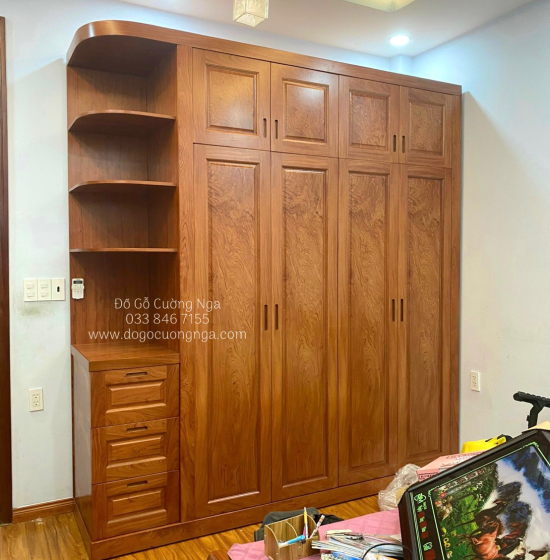 Tủ Quần Áo Gỗ Hương Đá 4 Cánh Kệ Trang Trí 2 Tầng 