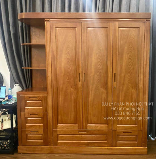Tủ Quần Áo Gỗ Xoan Đào 3 Cánh 1m9 Kèm Kệ Trang Trí Hiện Đại 