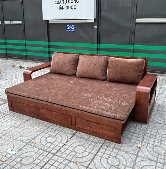 Sofa Giường Gấp Gỗ Sồi Màu Óc Chó Kèm Nệm