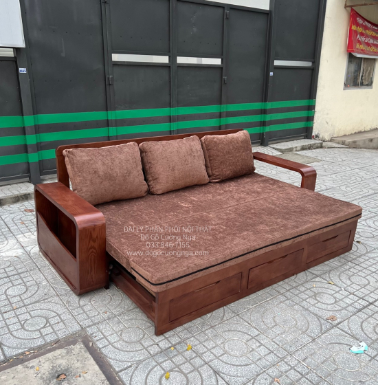 Sofa Giường Gấp Gỗ Sồi Màu Óc Chó Kèm Nệm