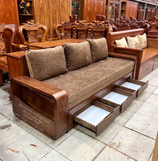 Sofa Giường Gấp Gỗ Sồi Màu Óc Chó Kèm Nệm