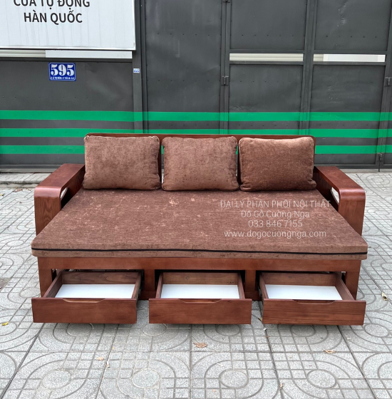 Sofa Giường Gấp Gỗ Sồi Màu Óc Chó Kèm Nệm