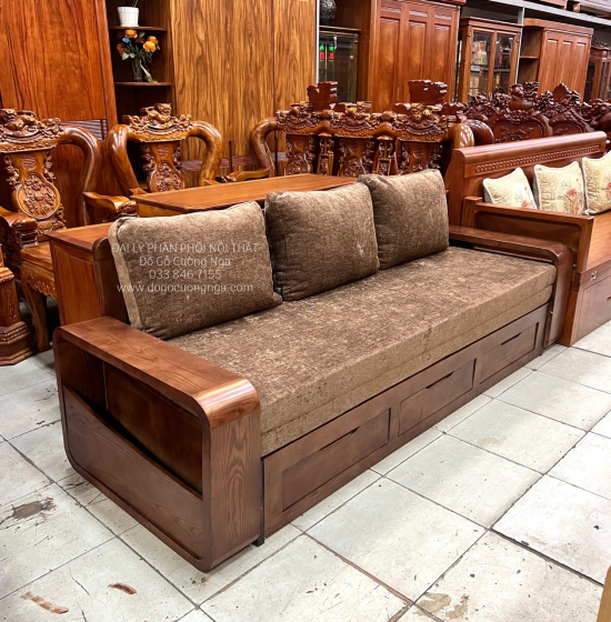 Sofa Giường Gấp Gỗ Sồi Màu Óc Chó Kèm Nệm