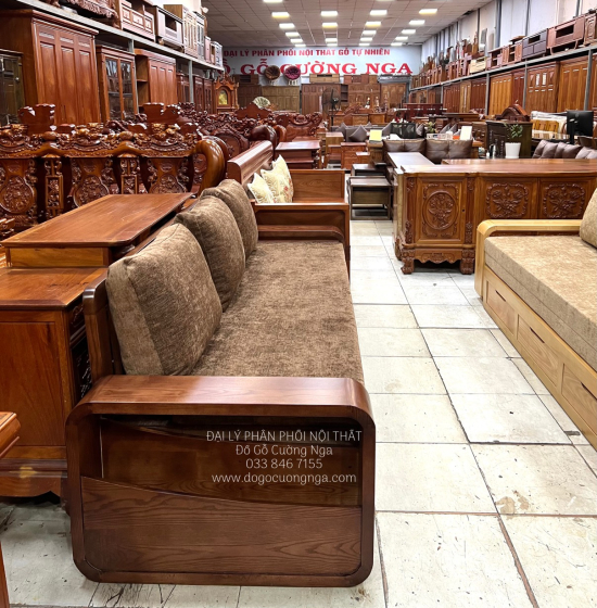Sofa Giường Gấp Gỗ Sồi Màu Óc Chó Kèm Nệm