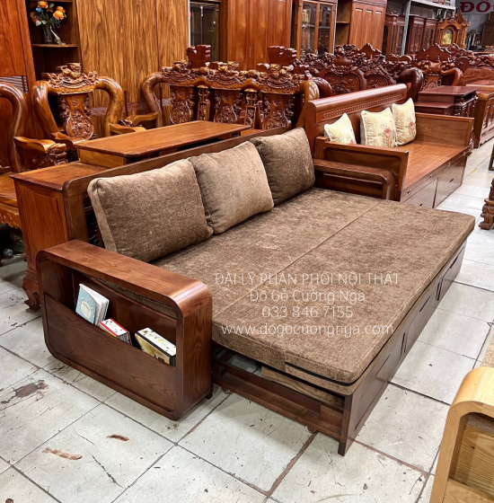 Sofa Giường Gấp Gỗ Sồi Màu Óc Chó Kèm Nệm