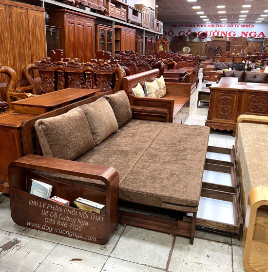 Sofa Giường Gấp Gỗ Sồi Màu Óc Chó Kèm Nệm