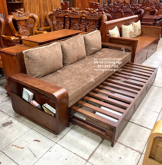 Sofa Giường Gấp Gỗ Sồi Màu Óc Chó Kèm Nệm