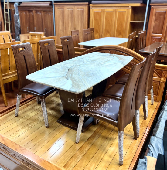 Bộ Bàn Ghế Ăn Gỗ Sồi Lau Màu Óc Chó 6 Ghế Ngồi Kết Hợp Mặt Đá 