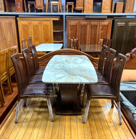 Bộ Bàn Ghế Ăn Gỗ Sồi Lau Màu Óc Chó 6 Ghế Ngồi Kết Hợp Mặt Đá 