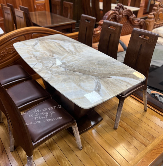 Bộ Bàn Ghế Ăn Gỗ Sồi Lau Màu Óc Chó 6 Ghế Ngồi Kết Hợp Mặt Đá 