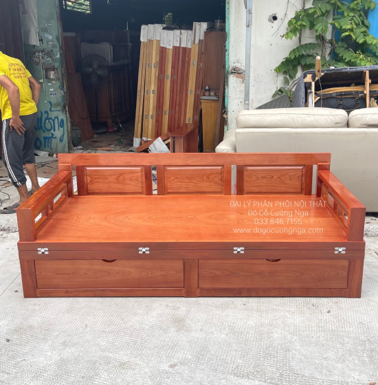 Sofa Giường Gấp Gỗ Xoan Đào 2 Ngăn Kéo Thông Minh