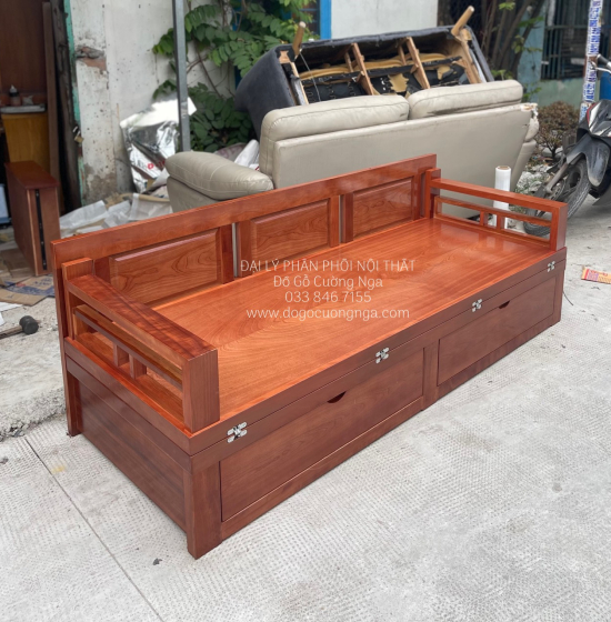 Sofa Giường Gấp Gỗ Xoan Đào 2 Ngăn Kéo Thông Minh