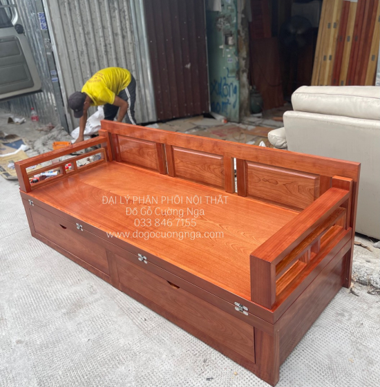 Sofa Giường Gấp Gỗ Xoan Đào 2 Ngăn Kéo Thông Minh