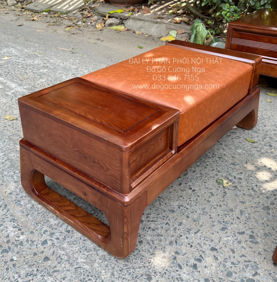 Bàn Ghế Sofa Gỗ Sồi Nga 2 Văng Màu Óc Chó Chân Choãi Sang Trọng 