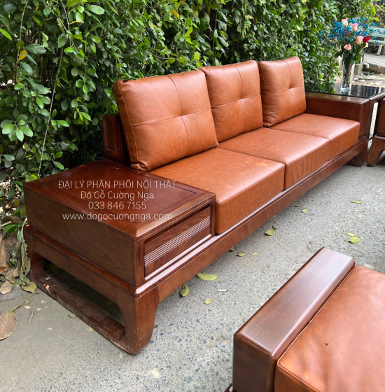 Bàn Ghế Sofa Gỗ Sồi Nga 2 Văng Màu Óc Chó Chân Choãi Sang Trọng 