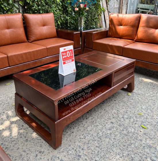 Bàn Ghế Sofa Gỗ Sồi Nga 2 Văng Màu Óc Chó Chân Choãi Sang Trọng 