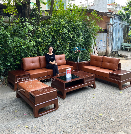 Bàn Ghế Sofa Gỗ Sồi Nga 2 Văng Màu Óc Chó Chân Choãi Sang Trọng 
