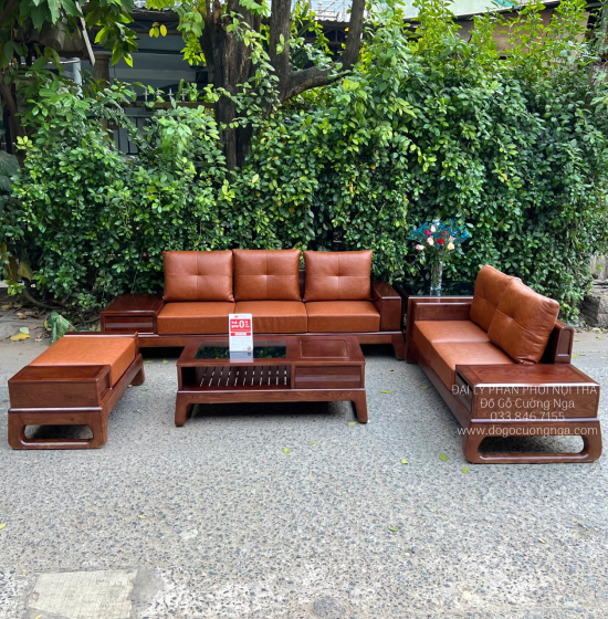 Bàn Ghế Sofa Gỗ Sồi Nga 2 Văng Màu Óc Chó Chân Choãi Sang Trọng 