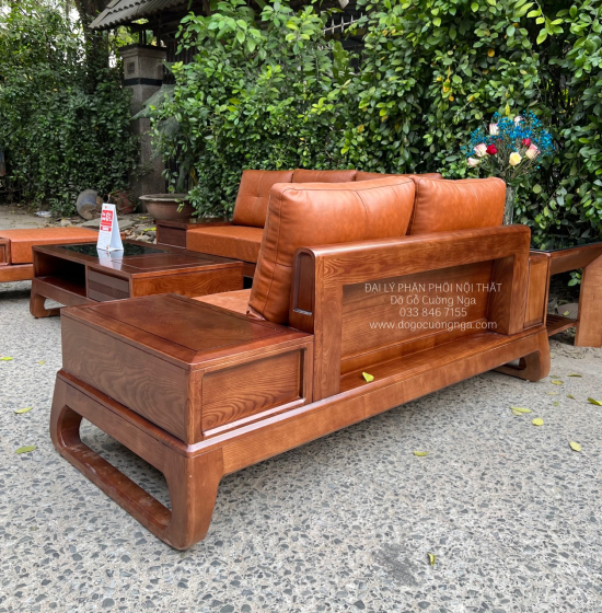 Bàn Ghế Sofa Gỗ Sồi Nga 2 Văng Màu Óc Chó Chân Choãi Sang Trọng 