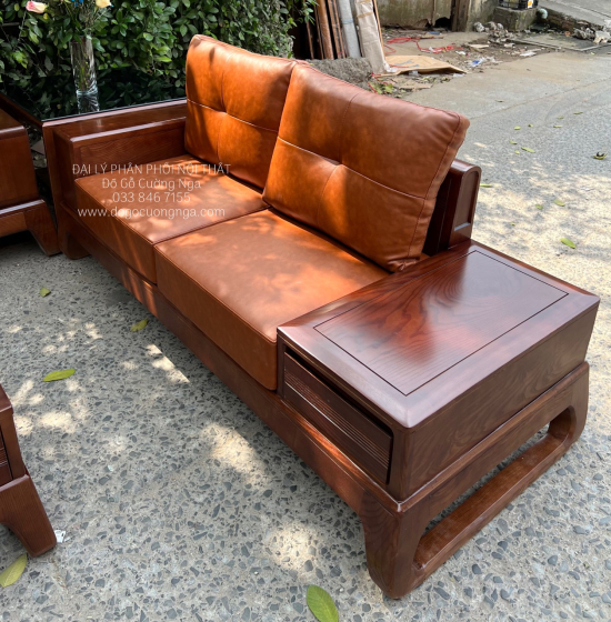 Bàn Ghế Sofa Gỗ Sồi Nga 2 Văng Màu Óc Chó Chân Choãi Sang Trọng 