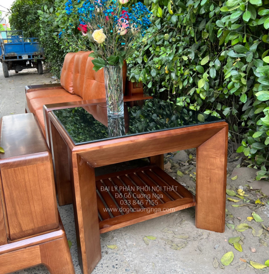 Bàn Ghế Sofa Gỗ Sồi Nga 2 Văng Màu Óc Chó Chân Choãi Sang Trọng 