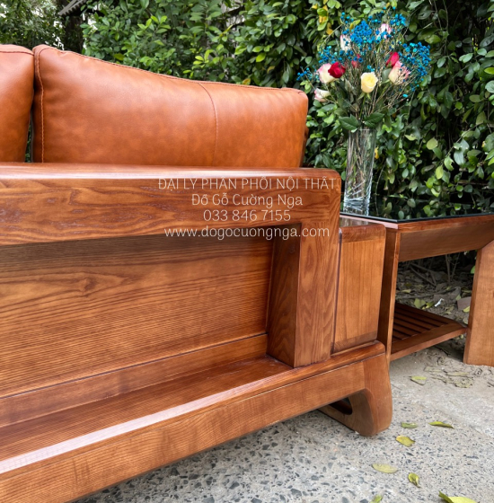 Bàn Ghế Sofa Gỗ Sồi Nga 2 Văng Màu Óc Chó Chân Choãi Sang Trọng 