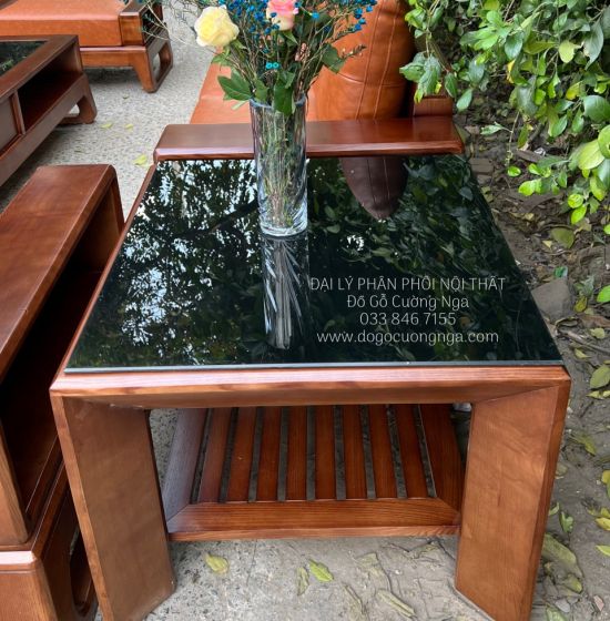 Bàn Ghế Sofa Gỗ Sồi Nga 2 Văng Màu Óc Chó Chân Choãi Sang Trọng 