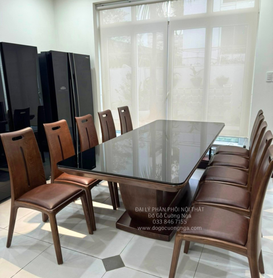 Bàn Ăn Gỗ Sồi Nga Lau Màu Óc Chó 10 Ghế Nệm Cao Cấp 