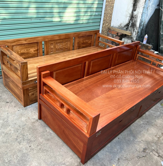 Sofa Giường Gấp Gỗ Xoan Đào 2 Ngăn Kéo Thông Minh