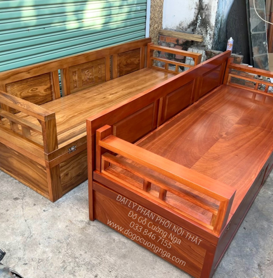 Sofa Giường Gấp Gỗ Xoan Đào 2 Ngăn Kéo Thông Minh
