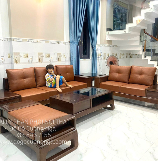 Bàn Ghế Sofa Gỗ Sồi Nga 2 Văng Màu Óc Chó Chân Choãi Sang Trọng 