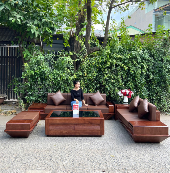 Bộ Bàn Ghế Sofa Gỗ Sồi Nga Lau Màu Óc Chó Sơn Inchen - 2 Văng Thuyền SF 072