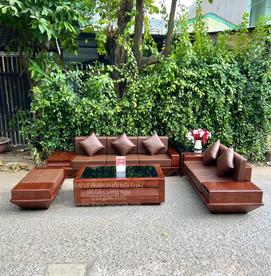 Ghế Sofa Gỗ Sồi Nga Lau Màu Óc Chó 2 Văng Thuyền 