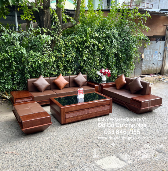 Bộ Bàn Ghế Sofa Gỗ Sồi Nga Lau Màu Óc Chó Sơn Inchen - 2 Văng Thuyền SF 072