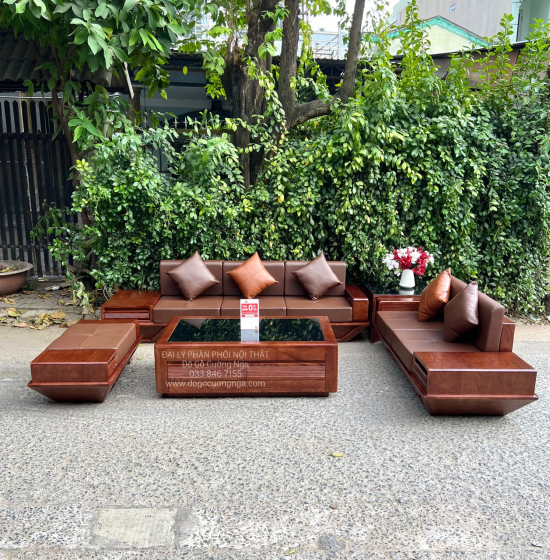 Ghế Sofa Gỗ Sồi Nga Lau Màu Óc Chó 2 Văng Thuyền 