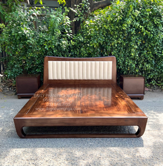 Giường Ngủ Chân Quỳ Gỗ Hương Xám Bọc Nệm Màu Óc Chó 