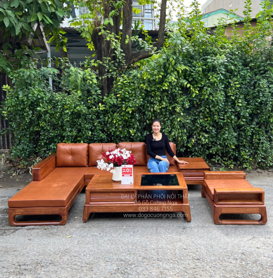 Ghế Phòng Khách Sofa Gỗ Hương Vàng Góc 2m8x1m8 Vế Trái 
