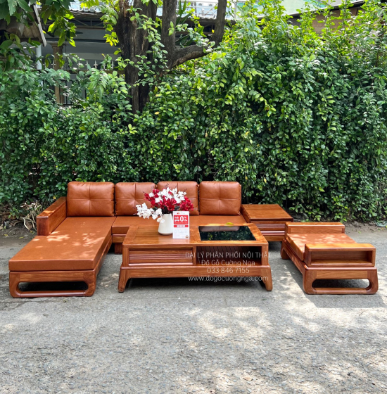 Ghế Phòng Khách Sofa Gỗ Hương Vàng Góc 2m8x1m8 Vế Trái 