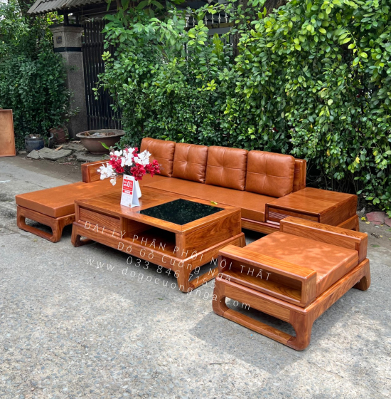 Ghế Phòng Khách Sofa Gỗ Hương Vàng Góc 2m8x1m8 Vế Trái 