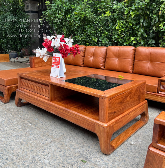 Ghế Phòng Khách Sofa Gỗ Hương Vàng Góc 2m8x1m8 Vế Trái 