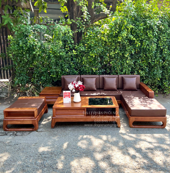 Sofa Gỗ Hương Vàng Góc L 2m8x1m8 Kèm Nệm Mẫu Mới 