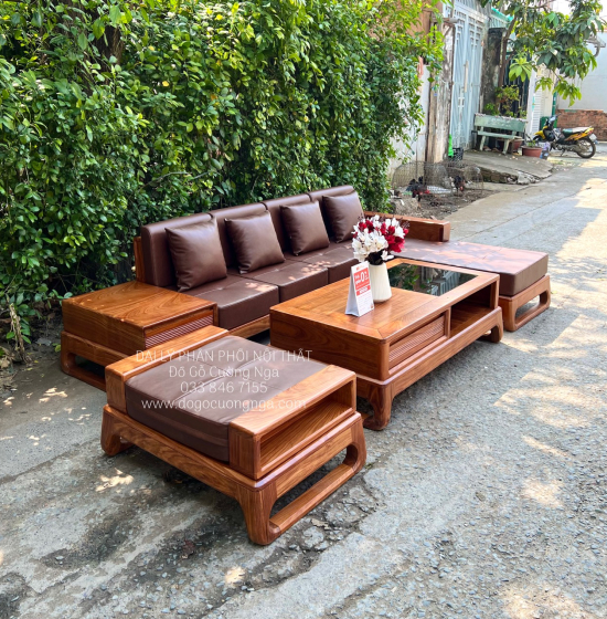 Sofa Gỗ Hương Vàng Góc L 2m8x1m8 Kèm Nệm Mẫu Mới 