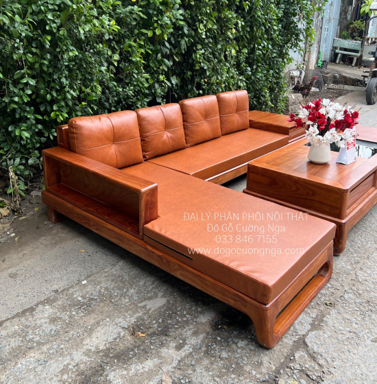 Ghế Phòng Khách Sofa Gỗ Hương Vàng Góc 2m8x1m8 Vế Trái 
