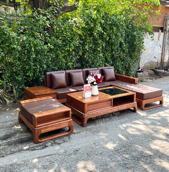Sofa Gỗ Hương Vàng Góc L 2m8x1m8 Kèm Nệm Mẫu Mới 