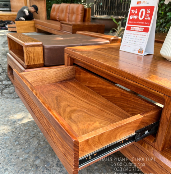Sofa Gỗ Hương Vàng Góc L 2m8x1m8 Kèm Nệm Mẫu Mới 